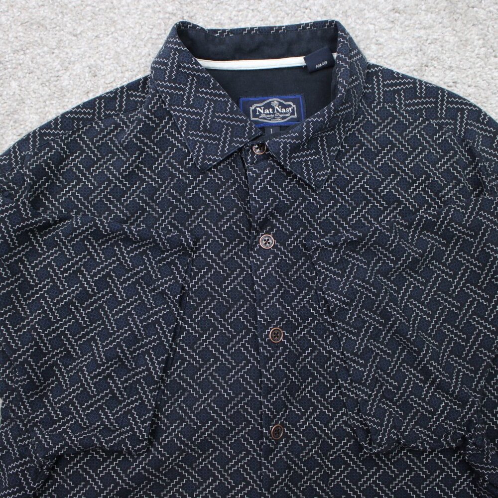 Nat Nast Shirt Mens Large Blue Geometric Silk/Cotton Short Sleeve‎ Button Up